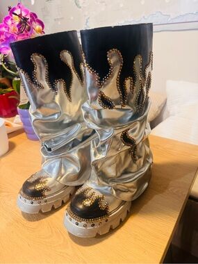 Burning Man Metallic Silver & Black Swarovski Embellished Slouch Boots